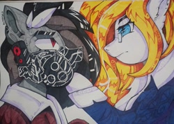 Size: 3890x2790 | Tagged: safe, artist:freak-side, oc, oc:bright calm, oc:freak-side, earth pony, pegasus, pony, clothes, gas mask, glasses, high res, looking at each other, looking at someone, marker drawing, mask, solo, traditional art