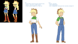 Size: 1280x720 | Tagged: safe, artist:evelili, part of a set, screencap, applejack, human, equestria girls, g4, applejack's hat, boots, clothes, clothing redesign, cowboy boots, cowboy hat, denim, hat, jeans, overalls, pants, redesign, reference sheet, shoes, text