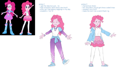 Size: 1280x720 | Tagged: safe, artist:evelili, part of a set, screencap, pinkie pie, human, equestria girls, g4, clothes, clothing redesign, jacket, jewelry, necklace, pants, redesign, reference sheet, sandals, shoes, sneakers, text, white shirt