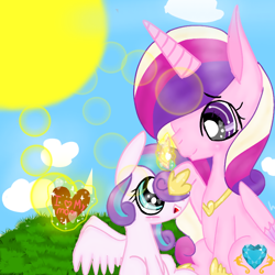 Size: 768x768 | Tagged: safe, artist:magicangelstarartist, princess cadance, princess flurry heart, alicorn, pony, g4, duo, duo female, female, glowing, glowing horn, grass, grass field, horn, letter, love letter, magic, mother and child, mother and daughter, parent and child, simple background, sunny day