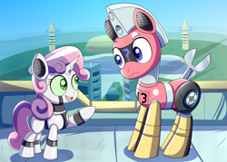 Size: 3000x2143 | Tagged: safe, artist:trackheadtherobopony, sweetie belle, oc, oc:trackhead, pony, robot, robot pony, unicorn, g4, :s, duo, high res, looking at each other, looking at someone, open mouth, open smile, puzzled, question mark, raised hoof, remake, smiling, sweetie bot, wavy mouth