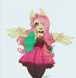 Size: 1056x1077 | Tagged: safe, artist:snn, fluttershy, anthro, dtiys emoflat, g4, clothes, cute, cute little fangs, draw this in your style, fangs, female, gray background, hair over one eye, simple background, skirt, solo, winged anthro, wings