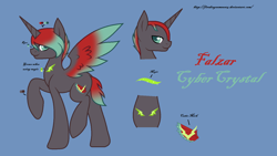 Size: 1500x844 | Tagged: safe, artist:firedragonmoon15, oc, oc only, oc:falzer cyber crystal, alicorn, pony, brown coat, colored wings, cutie mark, green eyes, green mane, green tail, looking at you, multicolored wings, red mane, red tail, reference sheet, simple background, solo, tail, two toned mane, two toned tail, wings