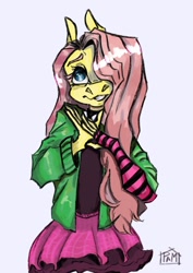 Size: 764x1080 | Tagged: safe, artist:pampera, fluttershy, anthro, dtiys emoflat, g4, choker, clothes, draw this in your style, female, gray background, hair over one eye, looking up, simple background, skirt, solo, spiked choker