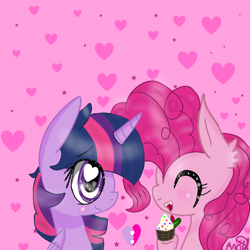 Size: 768x768 | Tagged: safe, artist:magicangelstarartist, pinkie pie, twilight sparkle, alicorn, earth pony, pony, g4, cupcake, duo, eyes closed, female, food, heart, heart eyes, mare, simple background, smiling, twilight sparkle (alicorn), wingding eyes