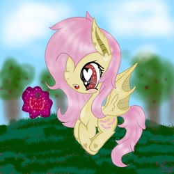 Size: 768x768 | Tagged: safe, artist:magicangelstarartist, fluttershy, bat pony, g4, apple, apple orchard, bat ponified, blurry background, flutterbat, food, heart, heart eyes, magic, orchard, race swap, side view, solo, wingding eyes