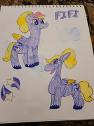 Size: 4032x3024 | Tagged: safe, artist:mintwhistle, derpibooru exclusive, fifi (g5), pegasus, pony, g4, g5, colored pencil drawing, cutie mark, female, folded wings, g5 to g4, generation leap, happy, looking back, mare, missing accessory, old art, open mouth, open smile, ponytail, sketchbook, smiling, solo, standing, traditional art, unshorn fetlocks, visor, wings