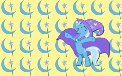 Size: 2560x1600 | Tagged: safe, artist:alicehumansacrifice0, artist:ooklah, artist:shelmo69, edit, trixie, pony, unicorn, g4, bipedal, cape, clothes, cutie mark, cutie mark background, eyes closed, female, hat, mare, open mouth, open smile, smiling, solo, spread hooves, trixie's cape, trixie's hat, wallpaper, wallpaper edit