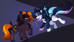 Size: 2157x1227 | Tagged: safe, artist:ghastlyexists, oc, oc:hijinx, oc:neo starstorm, bat pony, pony, unicorn, bat wings, chest fluff, duo, ear fluff, fangs, flying, freckles, glasses, happy, horn, long mane, nonbinary, raised hoof, shading, side view, simple background, smiling, standing, unshorn fetlocks, watermark, wings