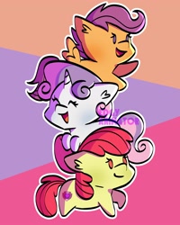 Size: 2000x2500 | Tagged: safe, artist:edgyanimator, apple bloom, scootaloo, sweetie belle, earth pony, pegasus, pony, unicorn, g4, adorabloom, apple bloom's bow, blushing, bow, cel shading, chibi, cute, cutealoo, cutie mark crusaders, cutie mark cuties, diasweetes, digital art, female, filly, firealpaca, foal, full body, hair bow, happy, high res, horn, mare, multicolored hair, multicolored mane, multicolored tail, open mouth, open smile, orange coat, purple hair, purple mane, raised hoof, red hair, red mane, shading, simple background, simple shading, small, small wings, smiling, spread wings, stack, standing, tail, trio, white coat, wings, yellow coat