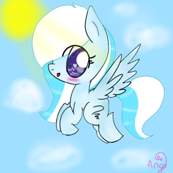 Size: 768x768 | Tagged: safe, artist:magicangelstarartist, oc, oc only, pegasus, pony, art trade, blushing, flying, heart, heart eyes, looking at you, multicolored hair, side view, solo, wingding eyes
