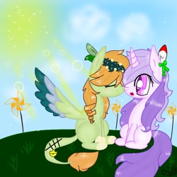 Size: 768x768 | Tagged: safe, artist:magicangelstarartist, oc, oc only, pegasus, pony, unicorn, blushing, boop, colored wings, couple, duo, eyes closed, facing each other, female, mare, multicolored hair, multicolored wings, noseboop, simple background, wings