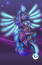 Size: 660x1020 | Tagged: safe, artist:inkkeystudios, oc, oc only, oc:serena nightshade, alicorn, anthro, colored, female, flat colors, lidded eyes, looking at you, mercy, open mouth, open smile, overwatch, smiling, solo, spread wings, wings