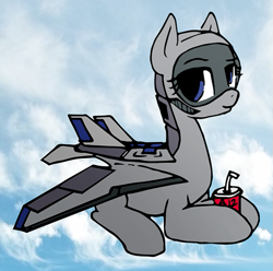 Size: 635x630 | Tagged: artist needed, safe, oc, oc only, unnamed oc, original species, plane pony, aurora bomber, blue eyes, colored, cup, eyelashes, female, flying, gray coat, holding, looking at you, looking sideways, plane, sky background, smiling, smiling at you, solo