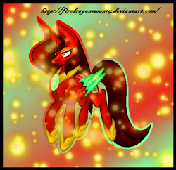 Size: 477x462 | Tagged: safe, artist:firedragonmoon15, oc, oc:phoenix scarletruby, alicorn, pony, brown mane, brown tail, calm, colored wings, gradient background, jewelry, lidded eyes, lowres, mint wings, necklace, outline, red coat, red wings, scar, sparks, tail, two toned wings, wings