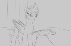 Size: 2013x1302 | Tagged: safe, artist:astr0zone, part of a set, pipp petals, zipp storm, pegasus, pony, g5, cinnamon bun, concave belly, female, food, grayscale, imminent stuffing, lidded eyes, looking at you, mare, monochrome, part of a series, plate, sketch, slender, solo focus, sternocleidomastoid, thin, weight gain sequence