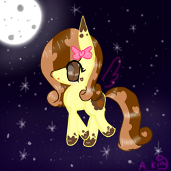 Size: 768x768 | Tagged: safe, artist:magicangelstarartist, oc, oc only, pony, bow, female, mare, moon, multicolored coat, multicolored hair, solo, starry night