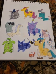 Size: 4032x3024 | Tagged: safe, artist:mintwhistle, derpibooru exclusive, hitch trailblazer, izzy moonbow, kenneth, mcsnips-a-lot, pipp petals, sunny starscout, bird, cat, crab, dog, hybrid, mouse, rabbit, reptile, seagull, snake, g4, g5, :3, animal, ball, bucktooth, chaos, coat markings, colored pencil drawing, confused, creature, diadem, female, flying, frown, g5 to g4, generation leap, hat, headband, horn, izzy impaling things, izzy is tol, izzy's tennis ball, jewelry, lopsided, magician, male, mare, motion lines, mouse tail, old art, pale belly, pegacat, pipp is short, question mark, regalia, sketchbook, smiling, snek, sock, sock puppet, socks (coat markings), spots, spread wings, stallion, stick pony, strange, tail, tennis ball, tongue out, top hat, traditional art, unidog, unshorn fetlocks, wat, weird, wings
