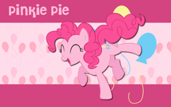 Size: 2560x1600 | Tagged: safe, artist:alicehumansacrifice0, artist:ooklah, artist:takua770, edit, pinkie pie, earth pony, pony, g4, cutie mark, cutie mark background, dancing, eyes closed, female, happy, mare, name, open mouth, open smile, raised leg, smiling, solo, wallpaper, wallpaper edit