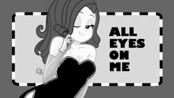 Size: 1280x720 | Tagged: safe, artist:flutteryaylove, edit, edited edit, rarity, human, g4, black and white, grayscale, humanized, monochrome, simple background, text