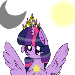 Size: 768x768 | Tagged: safe, artist:magicangelstarartist, twilight sparkle, alicorn, pony, g4, crown, female, jewelry, mare, one ear down, regalia, simple background, solo, spread wings, twilight sparkle (alicorn), white background, wings