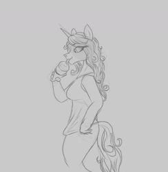 Size: 1548x1586 | Tagged: safe, artist:astr0zone, part of a set, izzy moonbow, unicorn, anthro, g5, clothes, female, food, gray background, grayscale, ice cream, ice cream cone, licking, monochrome, part of a series, shirt, side view, simple background, sketch, solo, tongue out, weight gain sequence