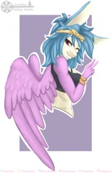 Size: 825x1275 | Tagged: safe, artist:inkkeystudios, oc, oc only, pegasus, anthro, bandana, clothes, lidded eyes, looking at you, one eye closed, peace sign, smiling, solo, spread wings, tank top, wings, wink, winking at you