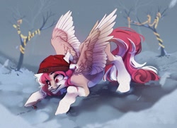 Size: 1280x930 | Tagged: safe, artist:s'kostral, oc, insect, ladybug, pegasus, pony, christmas, christmas lights, face down ass up, holiday, ice, pegasus oc, playful, snow, spread wings, tree, wings, winter