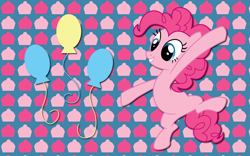 Size: 2560x1600 | Tagged: safe, artist:alicehumansacrifice0, artist:kooner-cz, artist:ooklah, edit, pinkie pie, earth pony, pony, g4, abstract background, cupcake, cutie mark, female, food, jumping, looking down, mare, smiling, solo, spread hooves, wallpaper, wallpaper edit