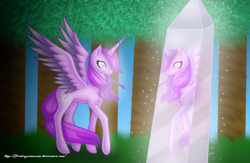 Size: 1024x667 | Tagged: safe, artist:firedragonmoon15, oc, alicorn, pony, crystal, forest, looking at self, pink coat, pink eyes, pink mane, pink tail, raised hoof, solo, sparks, spread wings, standing, tail, wings