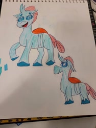 Size: 4032x3024 | Tagged: safe, artist:mintwhistle, derpibooru exclusive, ocellus, changedling, changeling, g4, g5, colored pencil drawing, female, g4 to g5, generation leap, old art, open mouth, open smile, raised hoof, raised leg, shy, sketchbook, smiling, solo, teenager, traditional art