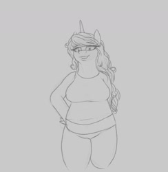 Size: 1548x1586 | Tagged: safe, artist:astr0zone, part of a set, izzy moonbow, unicorn, anthro, g5, chubby, clothes, female, front view, gray background, grayscale, looking at you, midriff, monochrome, pants, part of a series, shirt, simple background, sketch, solo, weight gain sequence