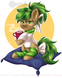 Size: 825x1035 | Tagged: safe, artist:inkkeystudios, oc, oc only, earth pony, pony, bow, chocolate, clothes, eyebrows, eyebrows visible through hair, food, hair ribbon, hot chocolate, leg warmers, mug, pillow, ribbon, scarf, shirt, sitting, socks, solo, steam, striped socks, tail, tail bow