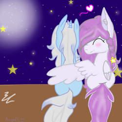 Size: 768x768 | Tagged: safe, artist:magicangelstarartist, oc, oc only, pegasus, pony, unicorn, blushing, duo, female, hug, mare, simple background, smiling, spread wings, winghug, wings