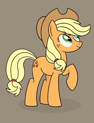 Size: 798x1047 | Tagged: safe, artist:artfusion97, applejack, earth pony, pony, g4, applejack's hat, brown background, cowboy hat, cute, female, freckles, hat, jackabetes, mare, raised hoof, simple background, solo