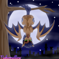 Size: 5000x5000 | Tagged: safe, artist:nekomellow, oc, oc only, oc:distant echo, bat pony, pony, bat wings, blue mane, blue tail, both cutie marks, brown coat, city, cityscape, full moon, green eyes, hanging, hanging upside down, male, moon, night, night sky, sky, solo, spread wings, stallion, tail, tongue out, tree, tree branch, upside down, wings