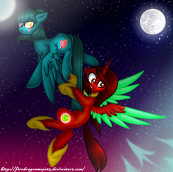 Size: 600x597 | Tagged: safe, artist:firedragonmoon15, oc, oc:phoenix scarletruby, alicorn, pony, brown mane, brown tail, colored wings, flying, full moon, holding onto someone, hoof shoes, jewelry, looking down, mint wings, moon, necklace, night, night sky, red coat, red wings, scared, sky, spear, spread wings, starry background, tail, two toned wings, weapon, wings