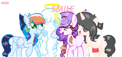 Size: 1356x640 | Tagged: safe, artist:magicangelstarartist, artist:niightlydark, oc, oc only, earth pony, pegasus, pony, unicorn, base used, halo, look-alike, smiling, text