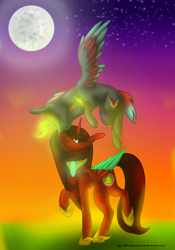 Size: 914x1308 | Tagged: safe, artist:firedragonmoon15, oc, oc:phoenix scarletruby, alicorn, pony, boop, brown mane, brown tail, colored wings, eyes closed, flying, full moon, hoof shoes, jewelry, mint wings, moon, necklace, night, night sky, red coat, red wings, sky, smiling, tail, two toned wings, walking, wings