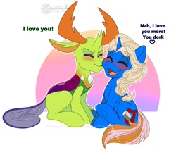 Size: 1200x1020 | Tagged: safe, artist:inkkeystudios, thorax, oc, oc:iron captain, changedling, changeling, pony, unicorn, g4, blushing, canon x oc, cheek kiss, dialogue, eyes closed, happy, heart, king thorax, kissing, open mouth, open smile, sitting, smiling, underhoof