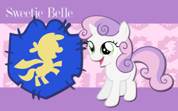Size: 2560x1600 | Tagged: safe, artist:alicehumansacrifice0, artist:atomicgreymon, artist:ryanthebrony, edit, sweetie belle, pony, unicorn, g4, abstract background, cutie mark crusaders patch, female, filly, foal, looking up, name, open mouth, open smile, smiling, solo, wallpaper, wallpaper edit