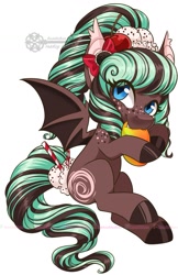 Size: 825x1275 | Tagged: safe, artist:inkkeystudios, oc, oc only, bat pony, pony, bow, eye clipping through hair, food, freckles, hair bow, herbivore, mango, smiling, solo, spread wings, wings