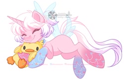 Size: 1275x825 | Tagged: safe, artist:inkkeystudios, oc, oc only, bird, duck, pony, unicorn, eyebrows, eyebrows visible through hair, eyes closed, happy, plushie, smiling, solo