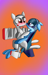 Size: 905x1394 | Tagged: safe, oc, oc only, oc:blitz, unnamed oc, original species, plane pony, pony, blushing, brown eyes, confused, duo, embarrassed, fighter, floppy ears, flying, gradient background, jet, jet fighter, kissing, mig-29, mig-29 fulcrum, mikoyan-gurevich mig-29, nose kiss, plane, purple eyes, wavy mouth