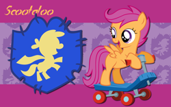 Size: 2560x1600 | Tagged: safe, artist:alicehumansacrifice0, artist:atomicgreymon, artist:moongazeponies, edit, scootaloo, pegasus, pony, g4, abstract background, cutie mark crusaders patch, female, filly, foal, looking sideways, name, open mouth, open smile, riding, scooter, smiling, solo, spread wings, wallpaper, wallpaper edit, wings
