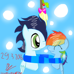 Size: 768x768 | Tagged: safe, artist:magicangelstarartist, rainbow dash, soarin', g4, clothes, duo, facing each other, female, holly, holly mistaken for mistletoe, male, scarf, ship:soarindash, shipping, simple background, straight
