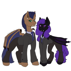 Size: 2000x2000 | Tagged: safe, artist:frazy, oc, oc:distant echo, oc:night shimmer, bat pony, pony, bat wings, black coat, blue mane, blue tail, brown coat, claws, clothes, duo, ear fluff, fangs, female, folded wings, green eyes, high res, looking at you, male, mare, necktie, purple eyes, purple mane, purple tail, stallion, suit, tail, wing claws, wings