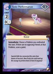 Size: 344x480 | Tagged: safe, enterplay, sweetie belle, pony, unicorn, bloom & gloom, equestrian odysseys, g4, my little pony collectible card game, ccg, female, filly, foal, horn, merchandise, microphone, solo, spotlight, stage