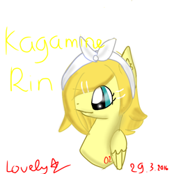 Size: 768x768 | Tagged: safe, artist:magicangelstarartist, pegasus, pony, bandana, bust, crossover, kagamine rin, simple background, solo, text