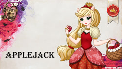 Size: 1920x1080 | Tagged: safe, artist:facja, applejack, earth pony, anthro, g4, apple, breasts, ever after high, food